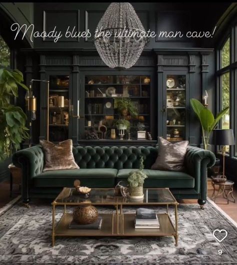 Dark Teal Couch, Moody Inspiration, Dark Green Couches, Dark Academia Living Room, Velvet Couch Living Room, Teal Couch, Green Couch Living Room, Dark Green Living Room, Moody Living Room