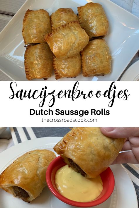 Dutch Sausage Rolls, or Saucijzenbroodjes, are a classic Dutch snack food that is easy to make at home with some store-bought puff pastry! Rolls Recipe Easy, Meat Pie Recipe, Sausage Rolls Recipe, Savoury Pies, German Sausage, Sausage Bake, Bakery Ideas, African Recipes, Food Appetizers