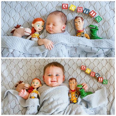 Toy Story 6 Month Photoshoot, Toy Story Newborn Photography, Toy Story Newborn Pictures, Toy Story Baby Photoshoot, Newborn Themed Photoshoot, Toy Story Photo Shoot Ideas, Natural Photoshoot, Born Baby Photos, Baby Boy Newborn Pictures