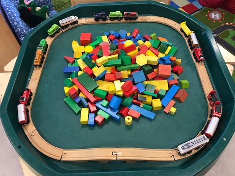 EYFS train tracks/ building blocks- build your own city Building Block Activities For Preschoolers, Trains Eyfs Activities, Train Track Tuff Tray, Train Tuff Tray, Train Tuff Tray Ideas, The Train Ride Eyfs, The Train Ride Eyfs Activities, Small World Tuff Tray Ideas, Smartest Giant In Town Activities Eyfs