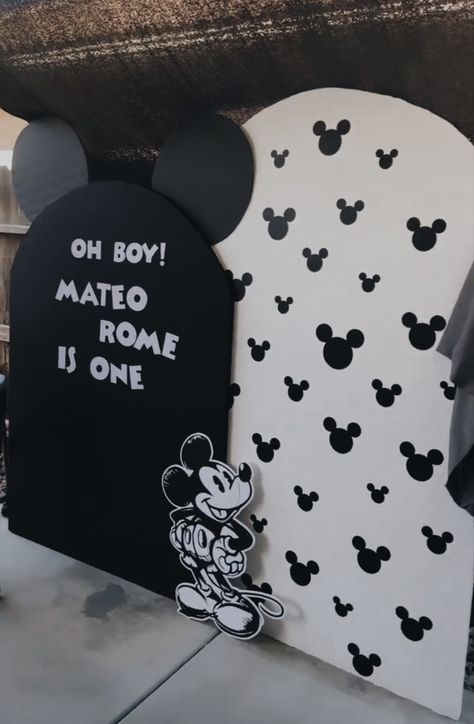 Modern Mickey Mouse First Birthday Black and White Mickey Mouse Vintage Mickey Mouse Mickey Black And White Party, 2nd Disney Birthday, First Birthday Black And White, Vintage Mickey 1st Birthday, Mickey Birthday Backdrop, Mickey Mouse Birthday Party Ideas 1st Black And White, Mickey Mouse Birthday Vintage, Black And White Mickey Birthday, Classic Mickey And Minnie Birthday