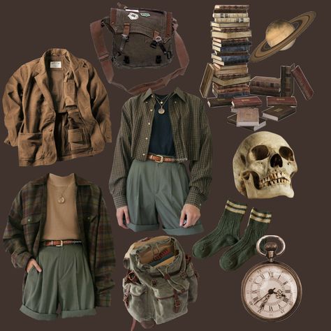 Gnomecore Outfit Men, Forest Acedamia Outfits, Woods Aesthetic Outfit, Farmcore Outfit Male, Men’s Cottage Core Fashion, Goblincore Aesthetic Outfits Male, Paleontology Aesthetic Outfit, Forestcore Outfit Men, Homeless Outfit Aesthetic