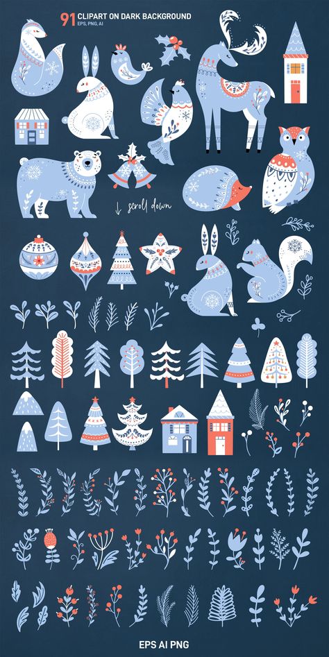 Scandinavian Christmas Nordic winter by Picsela on @creativemarket How To Draw Scandinavian Folk Art, Nordic Christmas Design, Scandinavian Animals Illustration, Christmas In Scandinavia, Christmas Print Ideas, Nordic Christmas Illustration, Nordic Christmas Diy, Scandinavian Pattern Design, Nordic Christmas Pattern