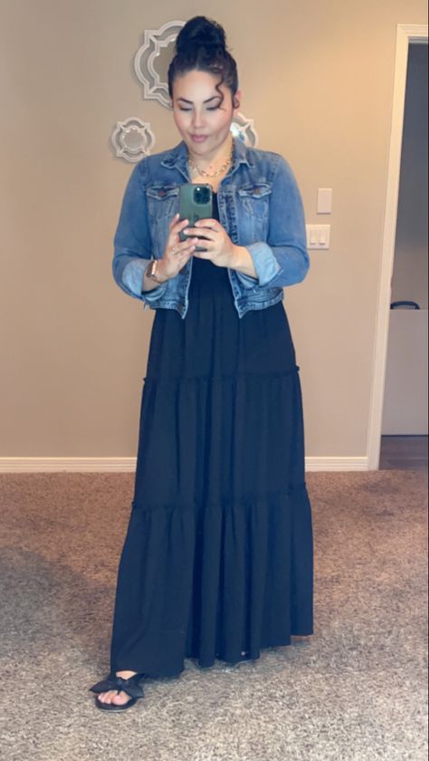 Black Maxi dress American eagle jean jacket and Walmart black sandals #walmartfashion #americaneagleoutfitters Sleeveless Maxi Dress Outfit, Jean Jacket Outfits Spring, Blue Jean Jacket Outfits, Maxi Dress With Jacket, Green Jean Jacket, Nfr Outfits, Army Green Dress, Long Sundress, Jean Jacket Outfits