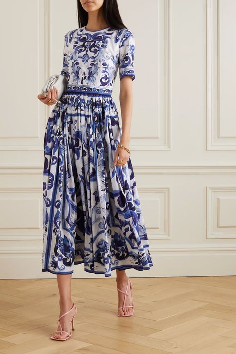 Dolce Gabbana Dress, Blue And White Dress, Printed Silk, Blue Midi Dress, One Piece Swimwear, Cotton Poplin, Net A Porter, Women's Fashion Dresses, Silk Printing