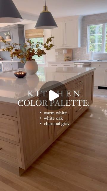 Ally • Sharing inspo to renovate & redecorate on Instagram: "Everyone always wants to know the color details in our kitchen!! 🎨 My cabinets are a custom color by @mousercabinetry and the colors are the reason why I selected Mouser—I just loved their selections…especially the white oak finish!   🎨 Here are the details:  Perimeter: Divinity by @mousercabinetry (close to SW Greek Villa)  Island and shelves: Cadet by @mousercabinetry (quarter sawn white oak with a custom stain that is gorgeous…trying to find a close match for you though 😉)  Bar: Gun Metal by @mousercabinetry (close to SW Peppercorn)  Our walls are BM Chantilly Lace.   What else do you want to know?  Just comment below and if you need links, LMK!   #kitchencolors  #kitchenstyle  #lovemykitchen  #kitchendesignideas  #kitchens Kitchen White Oak Island, White Oak And White Cabinets, Floors With White Oak Cabinets, White Oak And White Kitchen Cabinets, Quarter Sawn White Oak Kitchen Cabinets, White Oak Island Kitchen, Chantilly Lace Kitchen Cabinets, Kitchen White Oak Cabinets, White Oak Cabinet Stain Colors