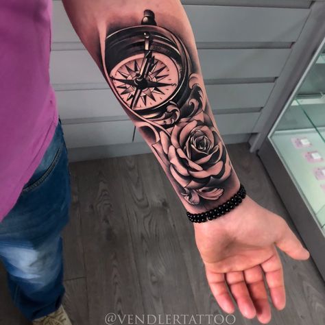 Mens sleeve tattoos, rose tattoo, compass tattoo, tattoo design. Compass Tattoo Men, Rose Tattoo Forearm, Compass Rose Tattoo, Rose Tattoo Sleeve, Tattoos Rose, Rose Tattoos For Men, Compass Tattoo Design, Forearm Tattoo Design, Tattoos Geometric