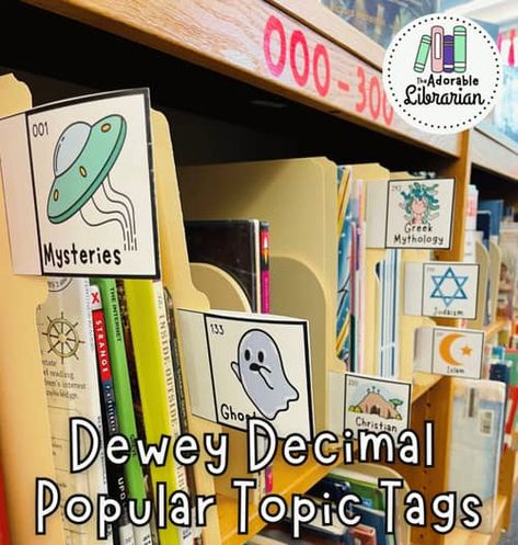 Popular Dewey Topics Tags - Dewey Decimal Labels by The Adorable Librarian Dewey Decimal Signs, School Library Organization, School Library Activities, Library Orientation, Be More Independent, Elementary Librarian, Library Games, Dewey Decimal, Library Organization