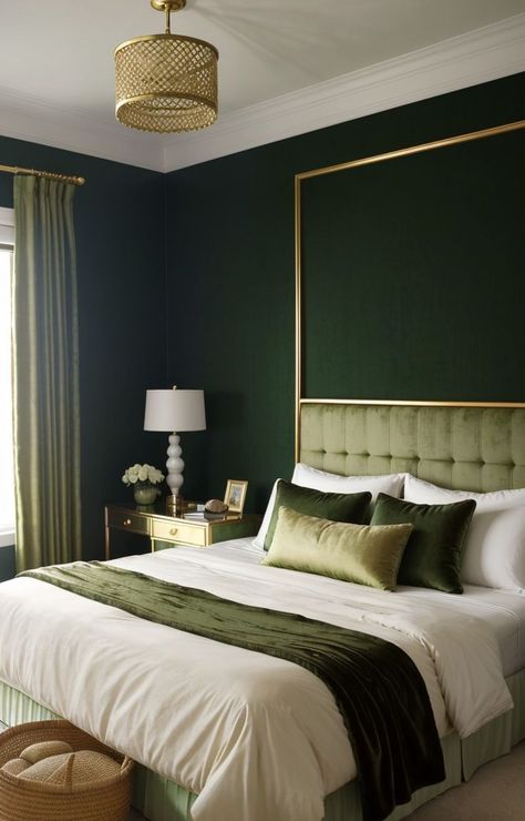 Light Green Accent Wall, Hunter Green Bedrooms, Emerald Green Bedrooms, Black Platform Bed, Green Accent Wall, Green Accent Walls, Stylish Bedroom Design, Tropical Bedrooms, Gold Bedroom