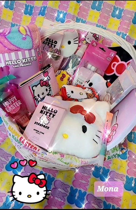 Hello Kitty Birthday Basket, Hello Kitty Birthday Gift Ideas, Hello Kitty Easter Basket, Hello Kitty Gift Baskets, Hello Kitty Gift Ideas, Hello Kitty Basket, Valetine Gift, Aesthetic Diys, Hello Kitty Easter