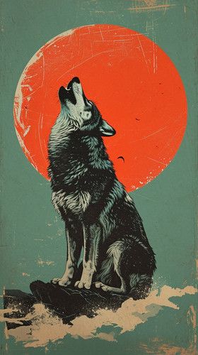 Flying Bulldog Art - Crimson Call to the Cosmos Vintage Wolf Art, Wolf Pop Art, Wolf Graphic Design, Christmas Wolf, Wolf Graphic, Woodcut Art, Wolf Print, Wolf Painting, Animal Illustration Art