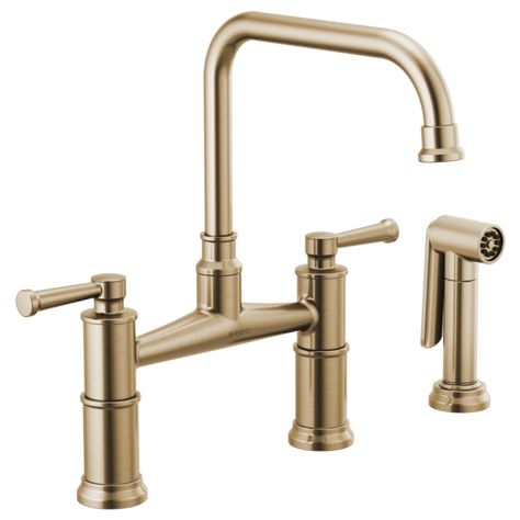 Bridge Faucet with Side Sprayer : 62525LF-GL : Artesso® : Kitchen : Brizo Bridge Kitchen Faucet, Bridge Faucet, English Farmhouse, Cabinet Paint Colors, Modern English, Garage Lighting, Kitchen Sink Faucets, Kitchen Collection, Plumbing Fixtures