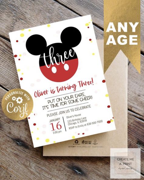 Mickey Invitations 2nd Birthday, Mickey Mouse 3rd Birthday Invitations, Mickey 3rd Birthday Party Invitation, 3rd Birthday Party For Boy, Mickey Mouse Birthday Theme, Mickey Invitations, Virtual Birthday, Mickey Mouse Bday, 3rd Birthday Boys