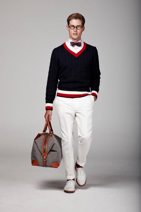 Hackett S/S 2012 cricket sweater Tennis Sweater, Style College, Der Gentleman, Preppy Mens Fashion, Preppy Men, Italian Dress, White Dress Shoes, Ivy League Style, Ivy Style