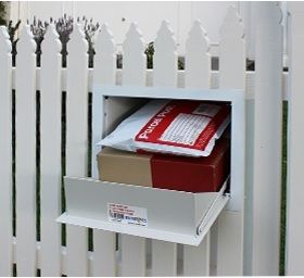 Mail Box With Package Holder, Picket Fence Letter Boxes, Fence Letterbox Ideas, Letterbox In Fence, Secure Mailbox Ideas, Parcel Letter Boxes, Mailbox In Fence, Fence Mailbox Ideas, Parcel Drop Box Diy