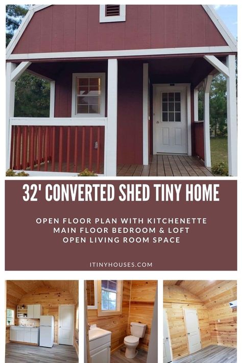 This 32' converted shed is a gorgeous tiny home with rustic style and modern features. It even has a private main floor bedroom! A tiny barn turned into a home, this is a great affordable tiny home option that is ideal for families. Tiny Home Inside Ideas, Loft Shed Ideas, Shed Turned Into Bedroom, Sheds Turned Into Homes Floor Plans, Amish Shed Tiny House, Sheds Turned Into Homes Interior, Storage Buildings Turned Into Homes, Tuff Shed Tiny House Floor Plans, Turn Shed Into Tiny House