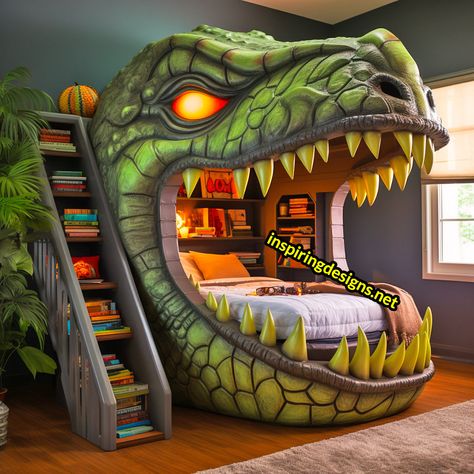 These Giant Dinosaur Shaped Bunk Beds Turn Sleepovers into Dino Adventures Rainbow Canopy, Dinosaur Theme Bedroom, Mickey Mouse Bedding, Dinosaur Kids Room, Princess Canopy, Kids Bed Design, Dinosaur Bedding, Giant Dinosaur, Dinosaur Bedroom