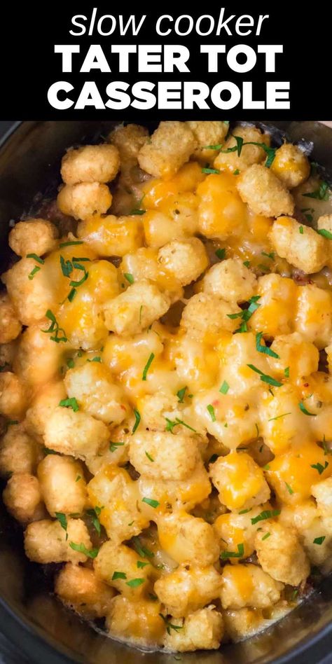 tater tots covered with melted cheese in crockpot Crockpot Tator Tot Casserole Recipe, Slow Cooker Tater Tot Recipes, Busy Night Crockpot Meals, Tator Tot Casserole In Crock Pot, Crockpot Tater Tot Casserole, Tater Tot Appetizers, Amazing Easy Recipes, Tater Tot Recipes, Crockpot Ideas