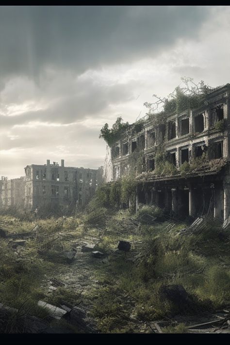 Abandoned Overgrown City, Desolate Aesthetic, Futuristic Ruins, Deserted Island Aesthetic, Run Down City, Overgrown Aesthetic, Desolate City, Destroyed World, Deserted City