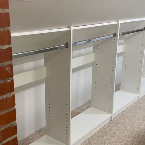 Neatly Dunn on Instagram: "TransformationTuesday: When you’re trying to utilize that awkward space with the low knee wall and it’s just not working... Reach out to me! I can help! This once awkward space is now an extremely functional custom closet! This closet now offers short and long hanging, shoe storage, shelves for folded clothes, an island with lockable drawers which also doubles as a folding station, velvet liners in a couple of the drawers for jewelry, a fabulous custom necklace pull out panel, valet rods, tilt-out hampers, and a folding pull out ironing board! What more could you want in a closet? Tell me what you’d like to have in your closet. #neatlydunn #closetfactory #ClosetFactoryRaleigh #ClosetFactoryDesigner #Customstorage #GetOrganized #closetsofinstagram #CustomC Knee Wall Storage Ideas, Knee Wall Closet, Knee Wall Storage, Shoe Storage Shelves, Folding Station, Wall Shoe Storage, Tilt Out Hamper, Pull Out Ironing Board, Loft Conversion Bedroom