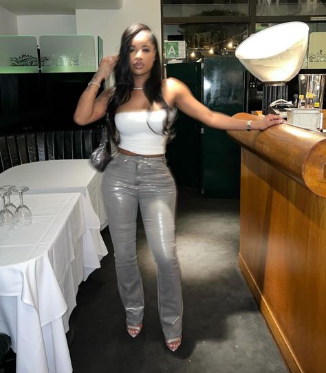 Birthday Outfits For 22nd Birthday, Go Out Outfit Night Club, Bling Pants Outfit, Plt Jumpsuit Outfit, Silver And Grey Outfit, Girls Dinner Night Out Outfit Ideas Black Women, Bartender Black Woman, Guest Birthday Dinner Outfit, Taco Tuesday Outfit Ideas Black Women