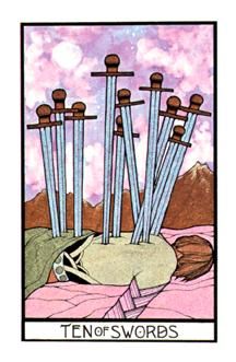 The meaning of Ten of Swords from the Aquarian Tarot deck: You are up against the wall, and it is appropriate to admit it. 10 Of Swords Tarot Meaning, 10 Of Swords Tarot, Aquarian Tarot, 10 Of Swords, Swords Tarot Meaning, Ten Of Swords, Tarot Swords, Swords Tarot, Tarot Major Arcana