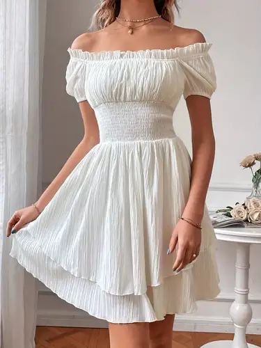 A Line Dress Casual Summer, Simple Dresses For Summer, Grad Dress Under Gown, White Off Shoulder Dress Casual, Cheap Cute Dresses, Cute Dresses And Skirts, White Clothes Women, Simple White Summer Dress, Off Shoulder White Dress Short