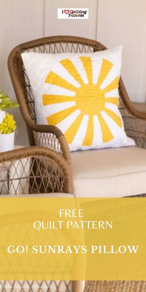 Free Quilt Pattern: GO! Sunrays Pillow Sun Quilt Block, Pillow Cover Patterns, Sun Quilt, Quilted Pillow Cover, Pillow Quilt, Free Quilt Tutorials, Quilted Pillow Covers, Pillow Covers Pattern, Heart Quilt Pattern