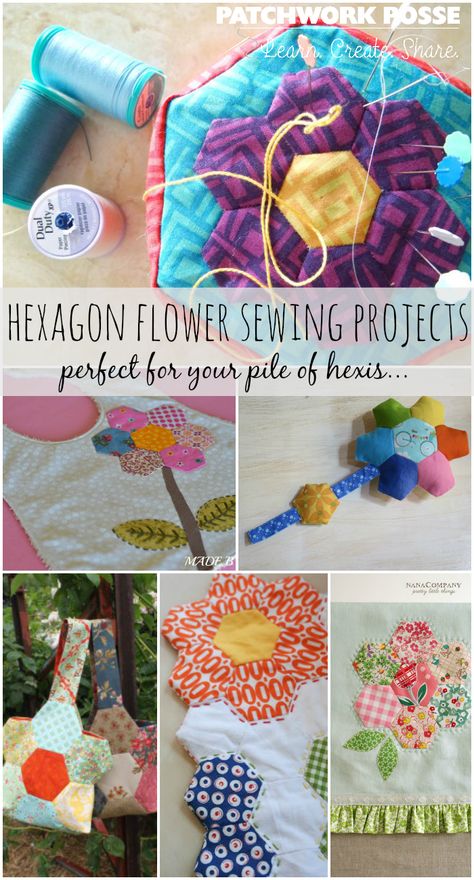 I have a pile of hexis! hexagon flower sewing projects- love the flower shape. Hexagon Flowers, Flower Sewing, Hexagon Patchwork, Hexie Quilt, Fidget Quilt, English Paper Piecing Quilts, Fabric Postcards, Easy Quilt Patterns, Hexagon Quilt