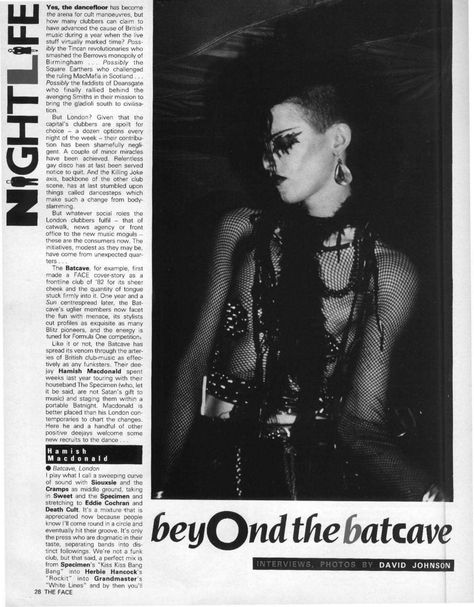 The Batcave club (The Face magazine) Face Magazine, The Batcave, Traditional Goth, The Face Magazine, Goth Club, 80s Goth, Dark Wave, Goth Bands, Black Planet