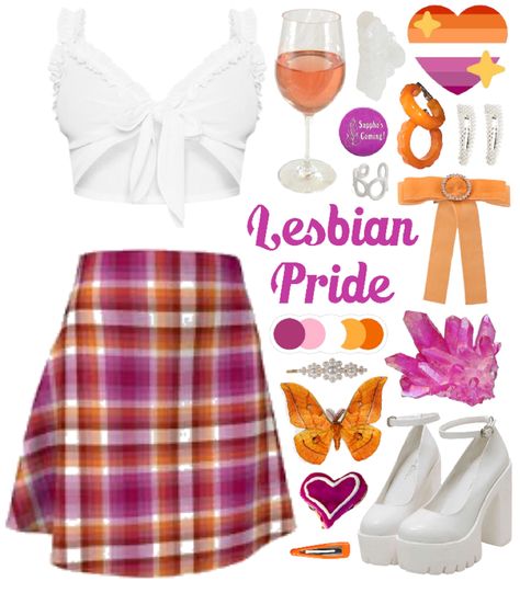 “My love, she keeps me warm. She keeps me warm...” Outfit | ShopLook Pride Outfit Inspo Women, Lesbian Flag Clothes, Lesbian Flag Inspired Outfit, Femme Pride Outfit, Lesbian Pride Outfits, Pride Month Outfit Ideas, Pride Month Outfits, Cute Pride Outfits, Pride Parade Outfit Ideas