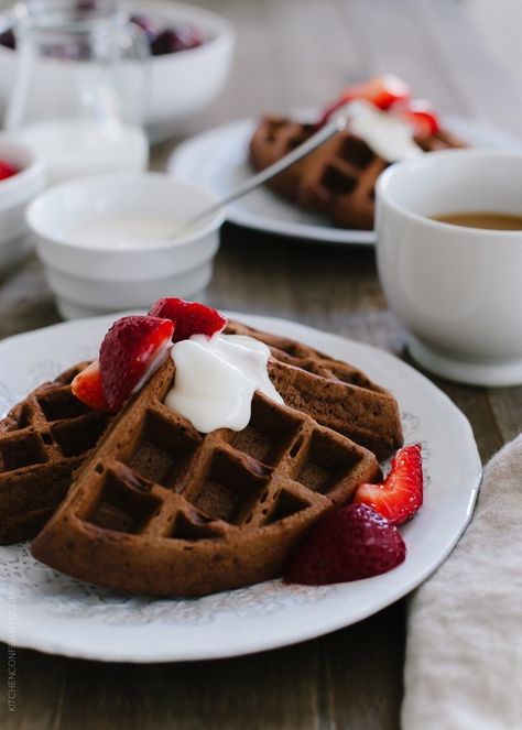 Chocolate Buttermilk Belgian Waffles | www.kitchenconfidante.com | Sweeten your weekend! Chocolate Waffle Recipe, Brownie Waffles, Belgian Waffles Recipe, Buttermilk Waffles, Chocolate Waffles, Waffles Recipe, Chocolate Mocha, Waffle Toppings, Belgian Waffles