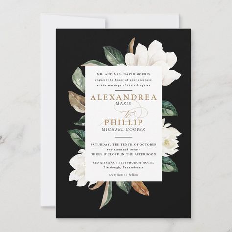 Magnolia Wedding Invitation  Black  Zazzle Southern Wedding Invitations, Magnolia Wedding Invitations, Spring Invitations, Wedding Invitation Black, Black And White Wedding Theme, Magnolia Wedding, Black And White Wedding Invitations, Black Wedding Invitations, Black Invitation