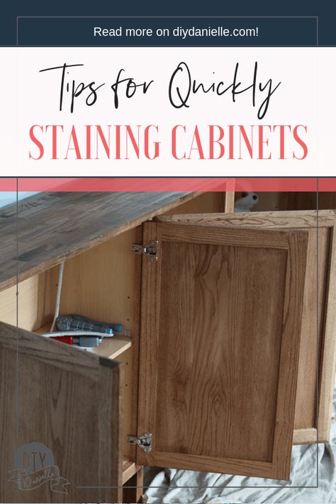 Tips for staining cabinets quickly, without removing the doors and spending lots of time letting stain dry. This 'work smart, not hard' method isn't the perfect way, but it's the fast way to get it done. How To Stain Unfinished Kitchen Cabinets, Stained Unfinished Kitchen Cabinets, Stained Stock Cabinets, Staining Stock Cabinets, Staining Unfinished Kitchen Cabinets, Staining Home Depot Cabinets, Stain Stock Cabinets, Staining Unfinished Oak Cabinets, Diy Cabinet Staining