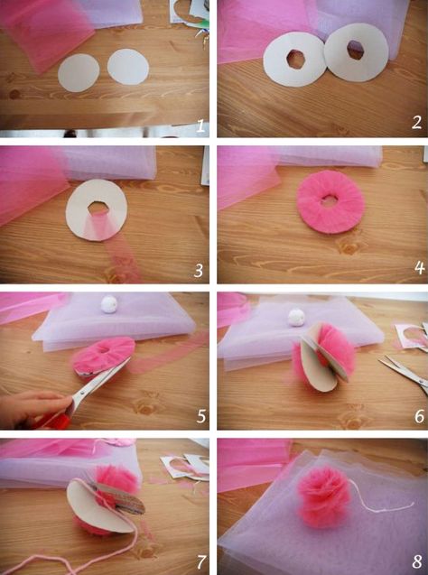 Pompones de tul paso a paso - Todo Bonito Diy Tulle, Diy Tutu, Birthday Crafts, Diy Tassel, Navidad Christmas, Flower Diy Crafts, Paper Flowers Diy, Pink Birthday, So Creative