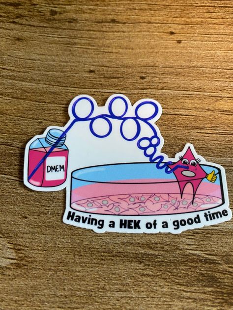 HEK293 Cell having a 'HEK of a good time' drinking some DMEM :). What InspiredMe?- this sticker is inspired by all of my memories doing mammalian cell culture and for all those who still spend hours in that hood feeding the cell babies. Cell At Work Wallpaper, Microbiology Stickers Printable, Histology Stickers, Biotechnology Stickers, Cell Culture, Lab Humor, Cell Biology Memes, Designs Stickers, Science Stickers