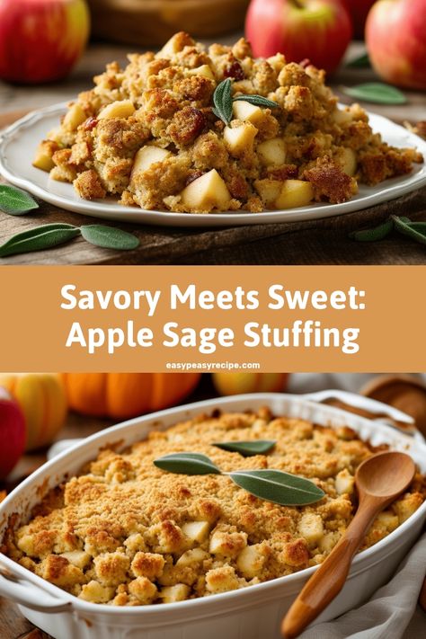 Platter of apple and sage stuffing garnished with fresh sage leaves, surrounded by apples and wooden kitchen utensils. Apple Sage Stuffing, Apple Stuffing, Sage Stuffing, Easy Zucchini Recipes, Pot Recipes Healthy, Easy Thanksgiving Recipes, Easy Peasy Recipes, Holiday Meals, Holiday Meal