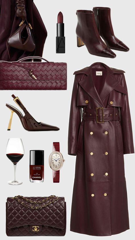 Burgundy inspo items for fall Burgundy Coat Outfit, Burgundy Coat, Color Combos Outfit, Coat Outfit, Elegant Chic, Style And Grace, Leather Outfit, Fashion Items, Colourful Outfits