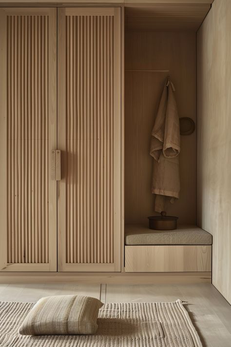 Japandi Closet Doors, Japandi Closet Design, Entry Alcove, Japandi Closet, Japanese Hallway, Japandi Wardrobe, Beige Wardrobe, Entrance Wardrobe, Hallway Wardrobe