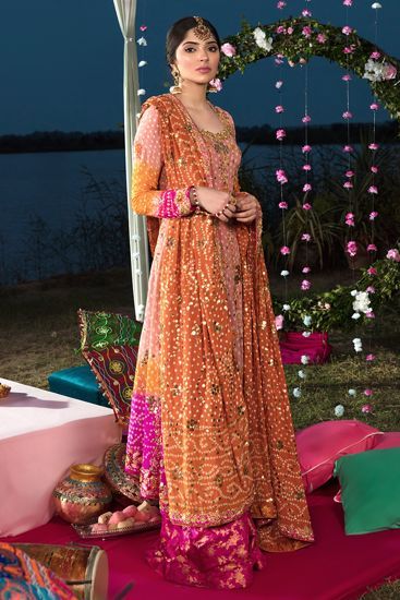 Ansab Jahangir – Women’s Clothing Designer. Nyla Orange Mehndi Dress, Mehandi Dress, Pakistani Mehndi Dress, Party Wear Frocks, Dress Pakistani, Mehndi Dresses, Mehndi Dress, Pakistani Wedding Outfits, Girls Frock Design