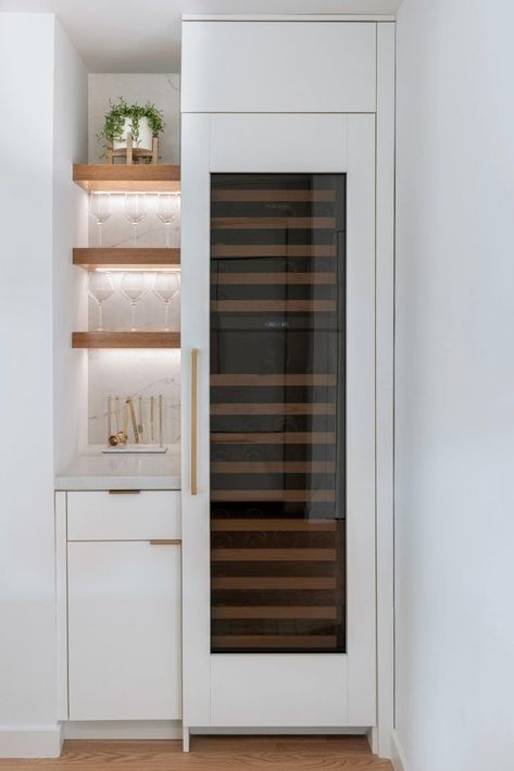 Mid-Century Modern Design Ideas Inspired The Interior Renovation Of This Home Kitchen Wine Fridge, Wine Fridge Cabinet, Matte Black Kitchen Sink, Fridge Design, Modern Powder Rooms, Baldwin Hills, White Vessel Sink, Matte Black Kitchen, Black Kitchen Sink