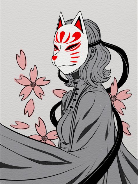 Kitsune Mask Aesthetic, Sakura Kitsune, Kitsune Aesthetic, Kitsune Oc, Fox Characters, Aesthetic Sakura, Fox Character, Kitsune Mask, Mask Aesthetic