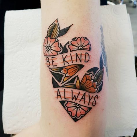 Self Love Traditional Tattoo, Heart With Words Tattoo, Small Filler Tattoo Ideas, Kindness Tattoo, Be Kind Tattoo, Acorn Tattoo, Trad Tattoos, Traditional Black Tattoo, Modern Art Tattoos