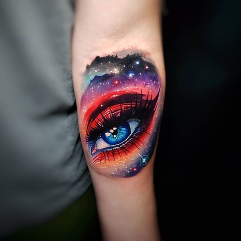 Watercolor Eye Tattoo, Colorful Eye Tattoo, Space Eye Tattoo, Tattoo Eyes Realistic, Color Eye Tattoo, Eye Tattoo Color, Eye Tattoo Ideas Realistic, Tatoos Color, One Eye Tattoo