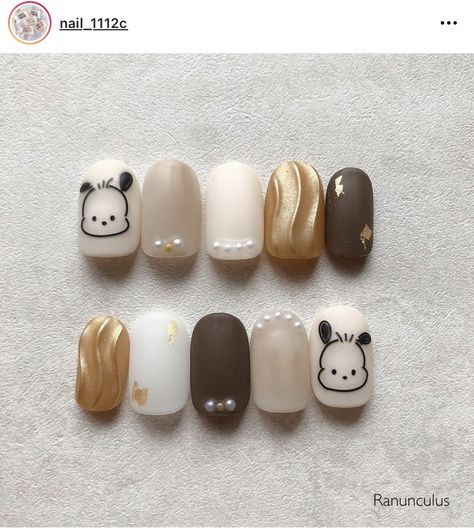 Pochacco Nails Acrylic, Pochacco Nail Art, Sanrio Nail Designs, Japanese Nail Art Kawaii, Pochacco Nails, Fake Nails Designs, Asian Nails, Hello Nails, Hippie Nails