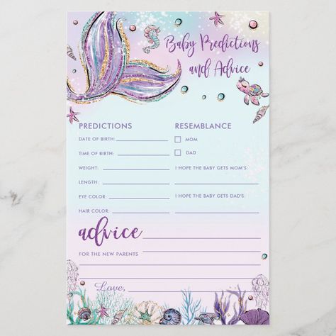 Mermaid Baby Predictions &amp; Advice Shower Activity - sea turtle party gifts Mermaid Baby Shower Theme, Baby Predictions, Baby Shower Activity, Baby Shower Advice, Mermaid Baby, Mermaid Baby Showers, Baby Prediction, Under The Sea Theme, Baby Mermaid