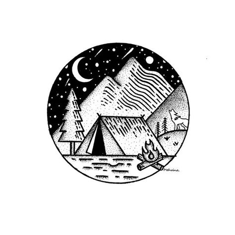 Ink drawing landscape mountains camping and night view 🏕️ Camping Drawing Illustrations, Camping Doodles, Desert Drawing, Camping Illustration, Camping Tattoo, Camping Drawing, Illustration Minimal, Minimal Drawings, Dog Camping