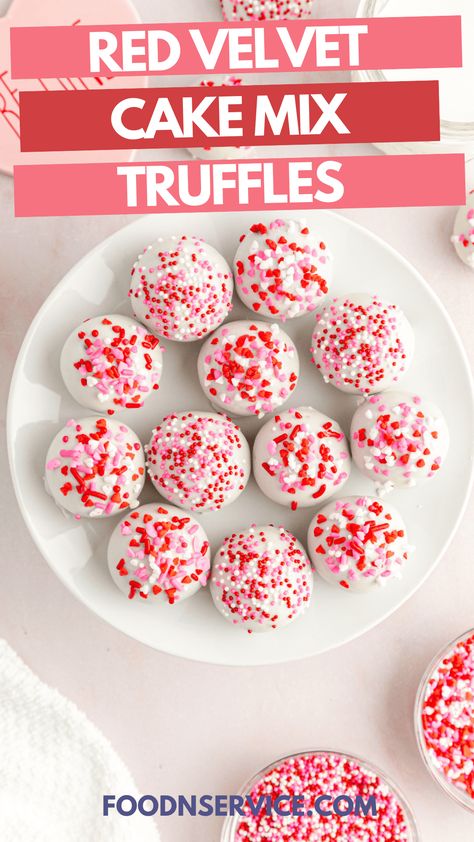 These red velvet cake mix truffles are simple to make! You just mix together cake mix and cream cheese, and decorate with melting wafers and sprinkles. They’re no-bake (except to treat the cake mix), so it’s beyond easy to make these red velvet truffles. And they look fancy, but they’re super easy to decorate them, too. Cake Mix Balls, Cake Mix Truffles, Red Velvet Truffles, Red Velvet Cake Pops, Red Velvet Cake Mix, Simple Cake, Different Cakes, Melting Chocolate Chips, Red Food Coloring