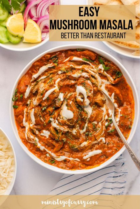 20-minute recipe to make better than restaurant mushroom masala, cooked in a creamy tomato based sauce and aromatic spices. #ministryofcurry #instantpot Indian Food Recipes Vegetarian Snacks, Mushroom Masala, Food Recipes Vegetarian, Spicy Snacks Recipes, Breakfast Recipes Indian, Vegetarian Fast Food, Tastemade Recipes, Indian Cooking Recipes, Vegetarian Snacks Recipes