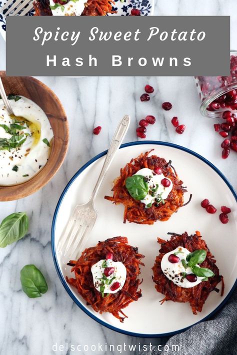 Crispy sweet potato hash browns (also called röstis) with a little spicy kick, and served with a basil goat cheese yogurt sauce.They are perfect for brunch or for a side and easy to make. Grate the sweet potatoes, combine with onions, eggs and flour, season and pan-fry them in a large skillet, either individual or in the size of the skillet. The result is crispy,crunchy and moist inside. #hashbrowns #sweetpotatolovers #vegetarian #brunch #fall #rostis Pomegranate Relish Recipe, Basil Goat Cheese, Sweet Potato Latkes, Potato Rosti, Sweet Potato Hash Browns, Potato Latkes, Crispy Sweet Potato, Relish Recipes, Potato Hash